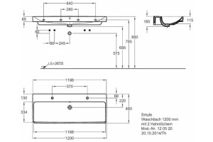 500.253.01.1 Smyle Square Раковина 120х48 см, 2 отв. под смеситель, с отв. перелива - 2