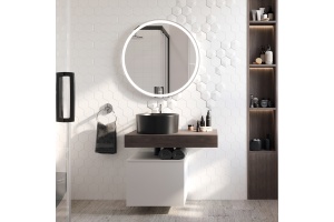 Мебель для ванной STWORKI Ольборг 80 столешница дуб карпентер, без отверстий, с тумбой 50, с раковиной BOCCHI Vessel черной