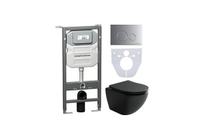 Комплект унитаза с инсталляцией Ceramica Nova Metropol черный с сиденьем микролифт и кнопкой хром матовый