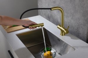 Смеситель для кухни с подключением фильтра и выдвижной лейкой Timo Saona 2356/17FL золото матовое - 2