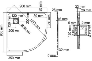 Поддон для душа Wasserkraft Elbe 74T01 90х90, чертверть круга - 2