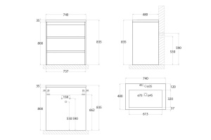 FAMILY База под раковину напольная с тремя выкатными ящиками, Pino Bianco, 750x475x805, FAMILY-750-3C-PIA-PB - 3