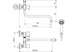 BA346AA QUADRO Смеситель для ванны/душа, поворотный излив 320 мм, душевой гарнитур в комплекте (душевая лейка ?70 мм, металлический шланг 1500 мм, дер - 2