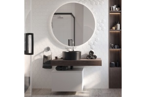 Мебель для ванной STWORKI Ольборг 100 столешница дуб карпентер, без отверстий, с тумбой 60, с раковиной BOCCHI Vessel черной