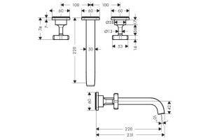 AX Citterio E Встраиваемый смеситель для раковины, на 3 отв, с розетками, излив 220мм, с незапираемым донным клапаном (внешняя часть), цвет: хром - 2