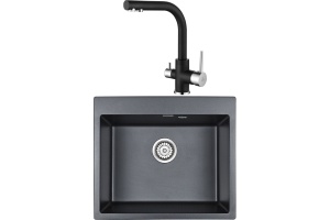 Комплект Мойка кухонная Paulmark Kante PM106052-BLM черный металлик + Смеситель Paulmark Essen Es213011-418 для кухонной мойки, черный металлик