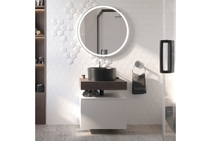 Мебель для ванной STWORKI Ольборг 60 столешница дуб карпентер, без отверстий, с тумбой 60, с раковиной BOCCHI Vessel 1174-004-0125 черной