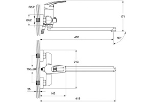 Смеситель для ванны с длинным изливом с керамическим дивертором Carlow Plus, IDDIS, CRPSBL2i10WA - 2