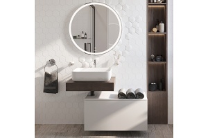 Мебель для ванной STWORKI Ольборг 60 столешница дуб карпентер, без отверстий, с тумбой 80, с раковиной STWORKI Soul 1 белой