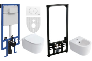 Комплект Унитаз подвесной STWORKI Ноттвиль SETK3104-2616 безободковый, с микролифтом + Инсталляция STWORKI 510162 с белой кнопкой смыва + Биде подвесное STWORKI Ноттвиль + Инсталляция для биде AlcaPlast