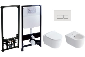 Комплект Унитаз подвесной STWORKI Ноттвиль SETK3104-2616 безободковый, с микролифтом + Инсталляция EWRIKA ProLT 0026-2020 с белой кнопкой смыва + Биде подвесное STWORKI Ноттвиль + Инсталляция для биде AlcaPlast
