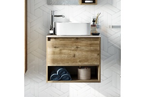 Мебель для ванной STWORKI Карлстад 60 дуб рустикальный, простоун беж, с отверстием под смеситель в столешнице - 3