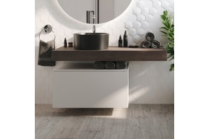 Столешница STWORKI Ольборг 120 дуб карпентер, без отверстий, с тумбой 80, с раковиной BOCCHI Vessel черной