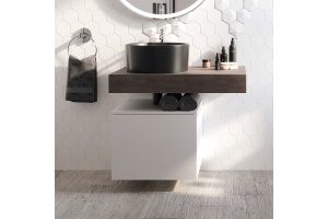 Столешница STWORKI Ольборг 80 дуб карпентер, без отверстий, с тумбой 50, с раковиной BOCCHI Vessel черной