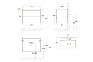 BIANCHI База под раковину подвесная с двумя выкатными ящиками, Капучино матовый AM-Bianchi-750-2C-SO-CM