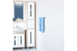 Шкаф-пенал Бриклаер Бали 34 светлая лиственница, белый глянец, с бельевой корзиной