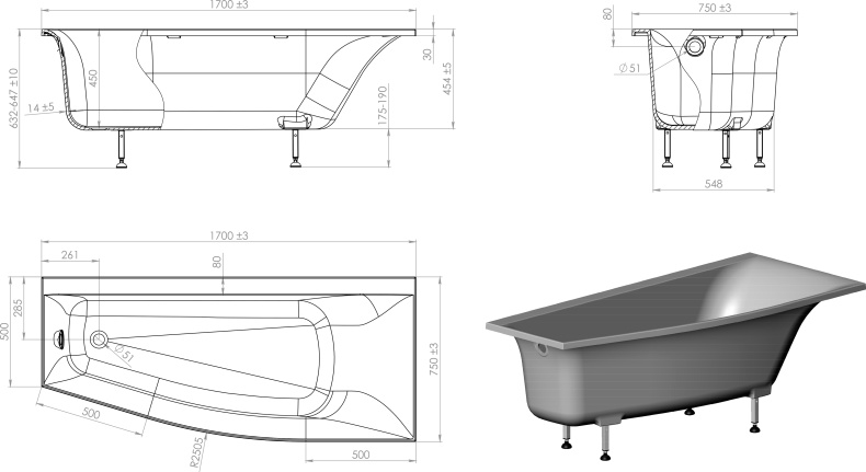 Ванна из искусственного камня Астра-Форм Скат 170x75, правая 01010015 - 6