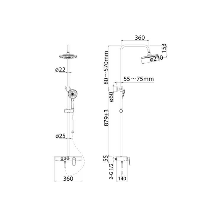 Смеситель с верхним душем и изливом SHESB3Bi06 - 6