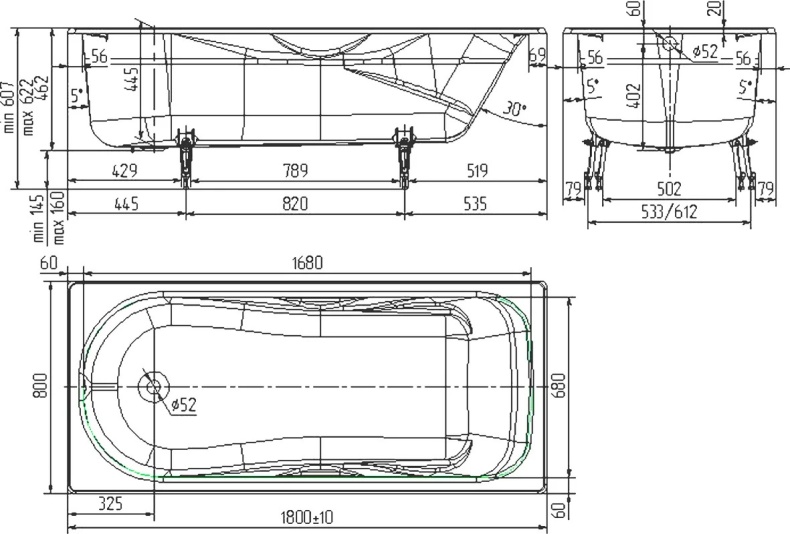 Чугунная ванна Универсал Сибирячка 180x80 см, пристенная 4607152361483  - 2