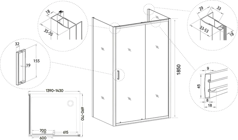 Душевой уголок Veconi Rovigo RV-046 140х70 см профиль хром  RV046-14070-01-C5 - 2