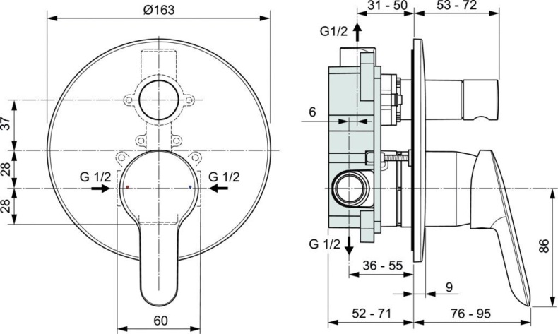 Смеситель Ideal Standard Dot 2.0 A7165AA С ВНУТРЕННЕЙ ЧАСТЬЮ, для ванны с душем - 1