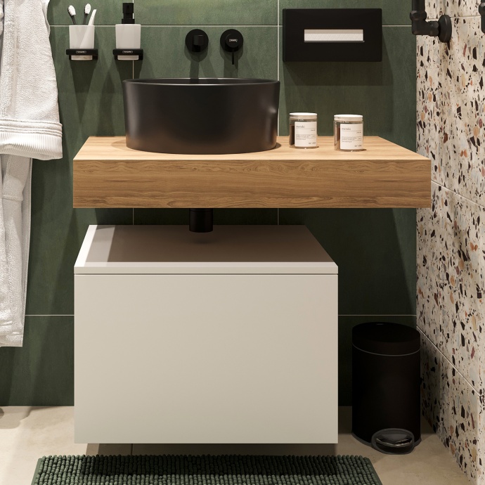 Столешница STWORKI Ольборг 80 дуб французский, без отверстий, с тумбой 60, с раковиной BOCCHI Vessel черной 486640 - 0