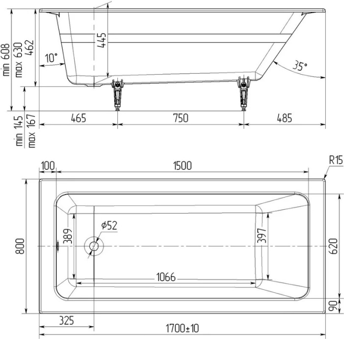 Чугунная ванна Универсал Оптима Ультра 170x80 см, пристенная 4607152362800  - 2