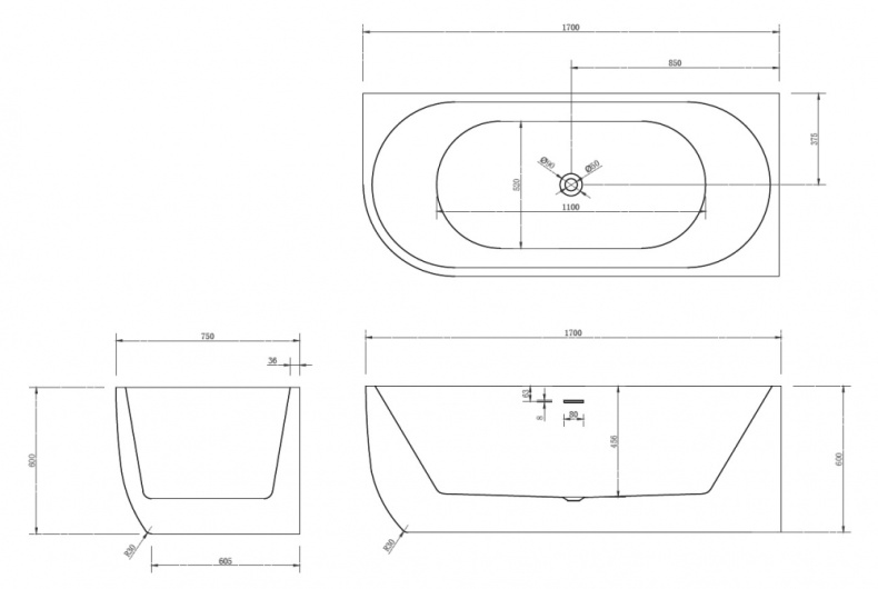 Акриловая ванна Abber 170x75, правая  AB9315 R - 4