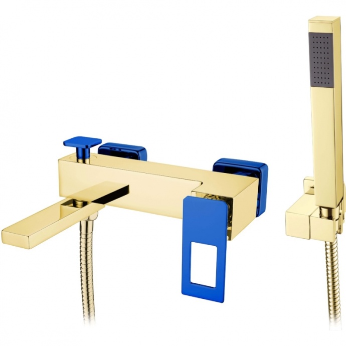 Смеситель для ванны с лейкой и шлангом Boheme Q золото с синим 143-GUV - 0