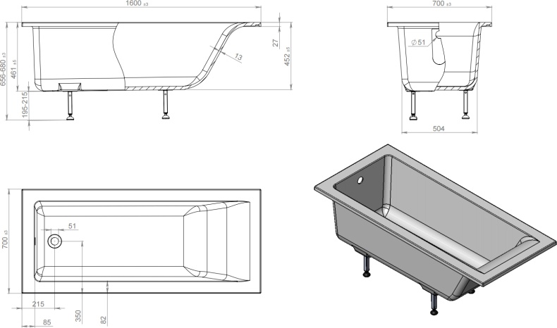 Ванна из искусственного камня Астра-Форм Нейт 160х70 01010042 - 4