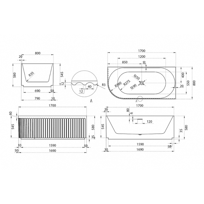 Акриловая ванна Abber 170х80 белая правая без гидромассажа AB9412-1.7 R - 2
