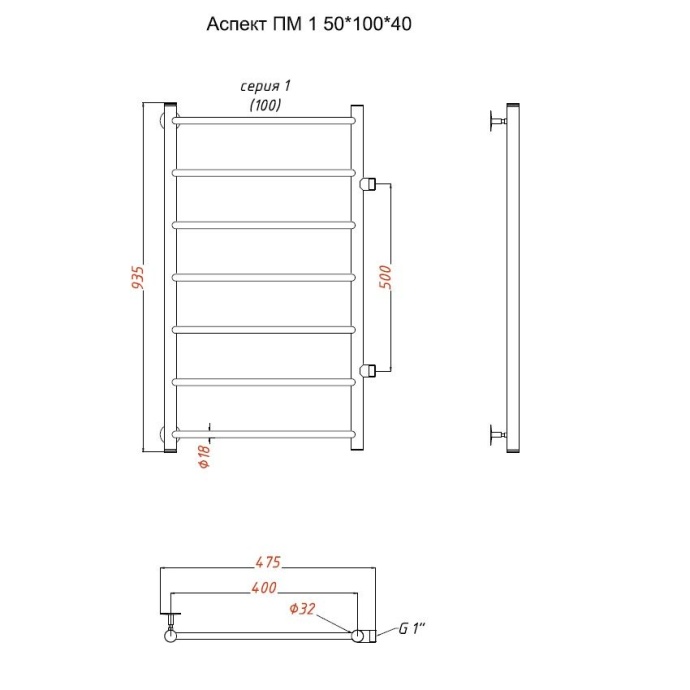 Полотенцесушитель водяной Тругор Аспект ПМ 1 50*100*40 (ЛЦ6) Аспект1/ПМ508040 П лев - 1