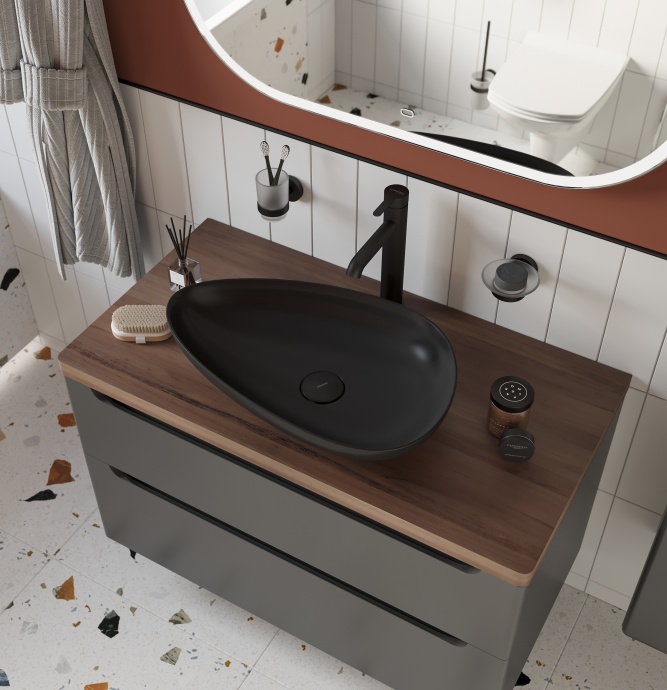 Мебель для ванной STWORKI Берген 100 серая с темной столешницей,  раковина Bocchi Etna Etna 1114-004-0125 черная 568139 - 3