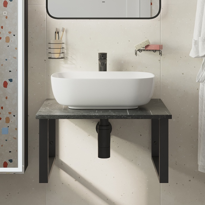 Столешница с раковиной DIWO Элиста 60 чёрный мрамор, с раковиной Moduo 50 Square 554738 - 0