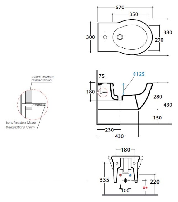GLOBO Paestum Биде подвесное 57*38см с 1 отв. под смеситель, с комплектом креплений, цвет: белый PAS10.BI*1 - 3