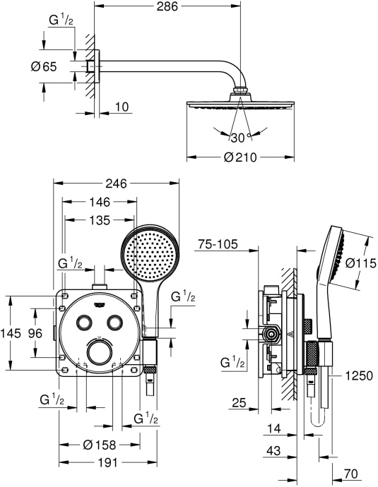 Душевой комплект Grohe Grohtherm SmartControl 34743000 С ВНУТРЕННЕЙ ЧАСТЬЮ - 1