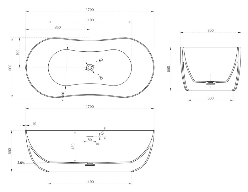 Ванна из искусственного камня Abber Stein 170х80 белый матовый AS9604 - 5