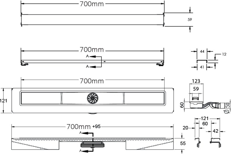 Душевой лоток Berges Wasserhaus C1 Norma 70 см 090138 - 7