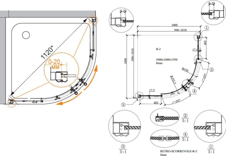 Душевой уголок Cezares Retro scorrevole A R2 100 CP Br RETRO-A-R-2-100-SCORREVOLE-CP-Br - 3