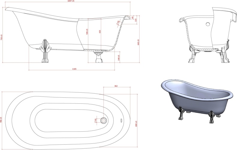 Ванна из искусственного камня Астра-Форм Роксбург ножки белые 100-68 - 4