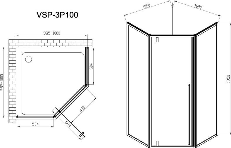 Душевой уголок Vincea Penta VSP-3P100CLB 100x100, профиль чёрный, стекло прозрачное - 3