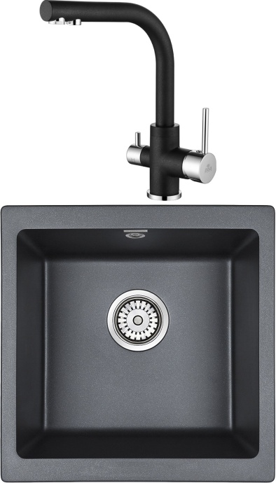 Комплект Мойка кухонная Paulmark Brilon PM104546-BLM черный металлик + Смеситель Paulmark Essen Es213011-418 для кухонной мойки, черный металлик - 0