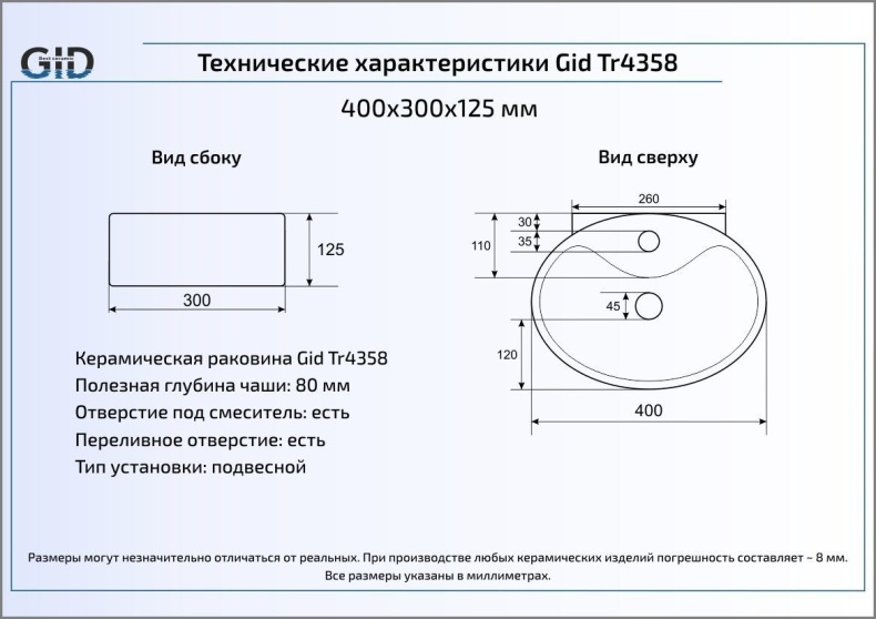Подвесная раковина Gid  40 см  Tr4358 - 1