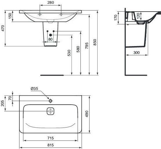 K083901 TONIC II Умывальник 80 см, 1 отверстие под смеситель, керамическая накладка слива (1 шт. в комплекте). Для монтажа с мебелью Tonic II - 1