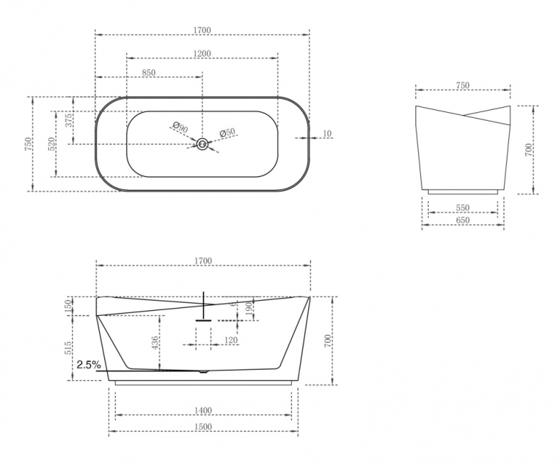 Ванна из искусственного камня Abber Stein 170х75 белый матовый AS9609 - 4