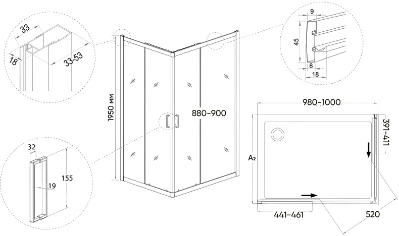 Душевой уголок Veconi Rovigo RV-14 100x90 профиль черный  RV14-10090-01-C5 - 2