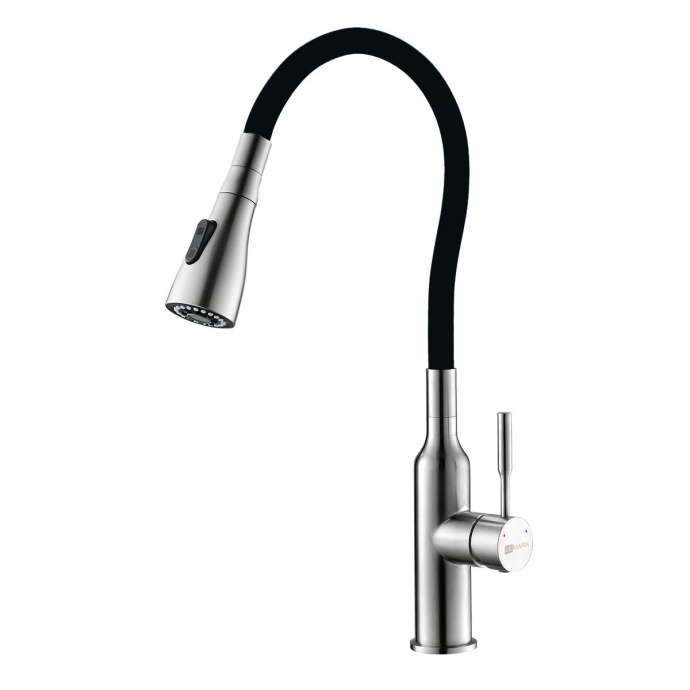 Смеситель для кухни Lemark с гибким  изливом и 2х-функциональным аэратором, сталь/черный  LM5082S-Black - 0