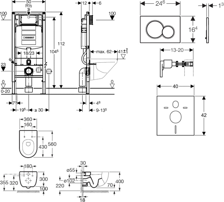 Комплект Система инсталляции для унитазов Geberit Duofix UP320 111.300.00.5 + Чаша для унитаза подвесного Roca Meridian 346247000 + Кнопка смыва Geberit  - 6