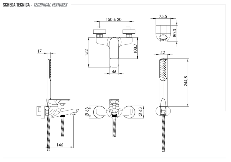Смеситель для ванны с душевым набором infinity xv никелированная сталь remer I02XV - 1