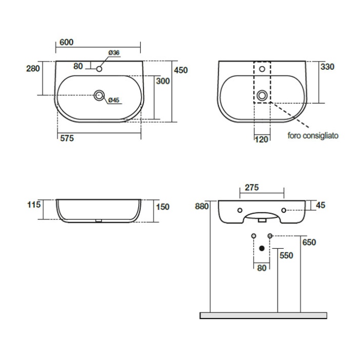 Kerasan Nolita Раковина подвесная/накладная 60х45 см, с 1 отв под смеситель, цвет Чёрный матовый 534131*1 - 1